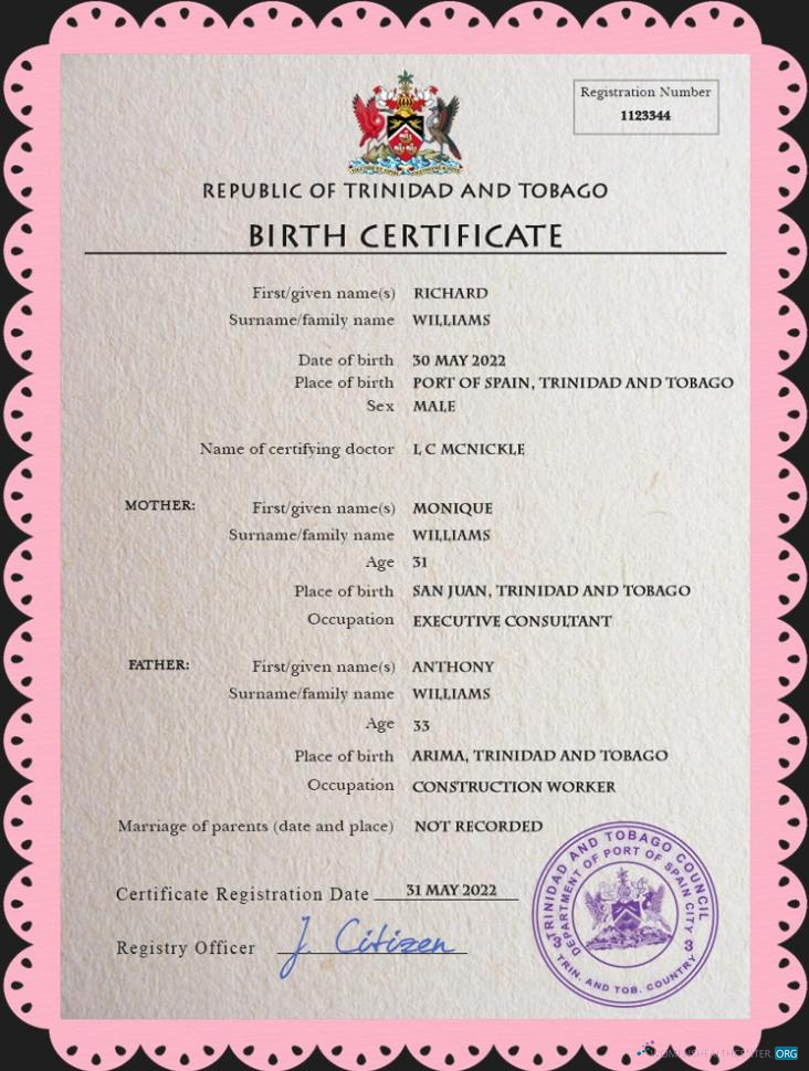 Download Trinidad and Tobago vital record birth certificate PSD template Photoshop template